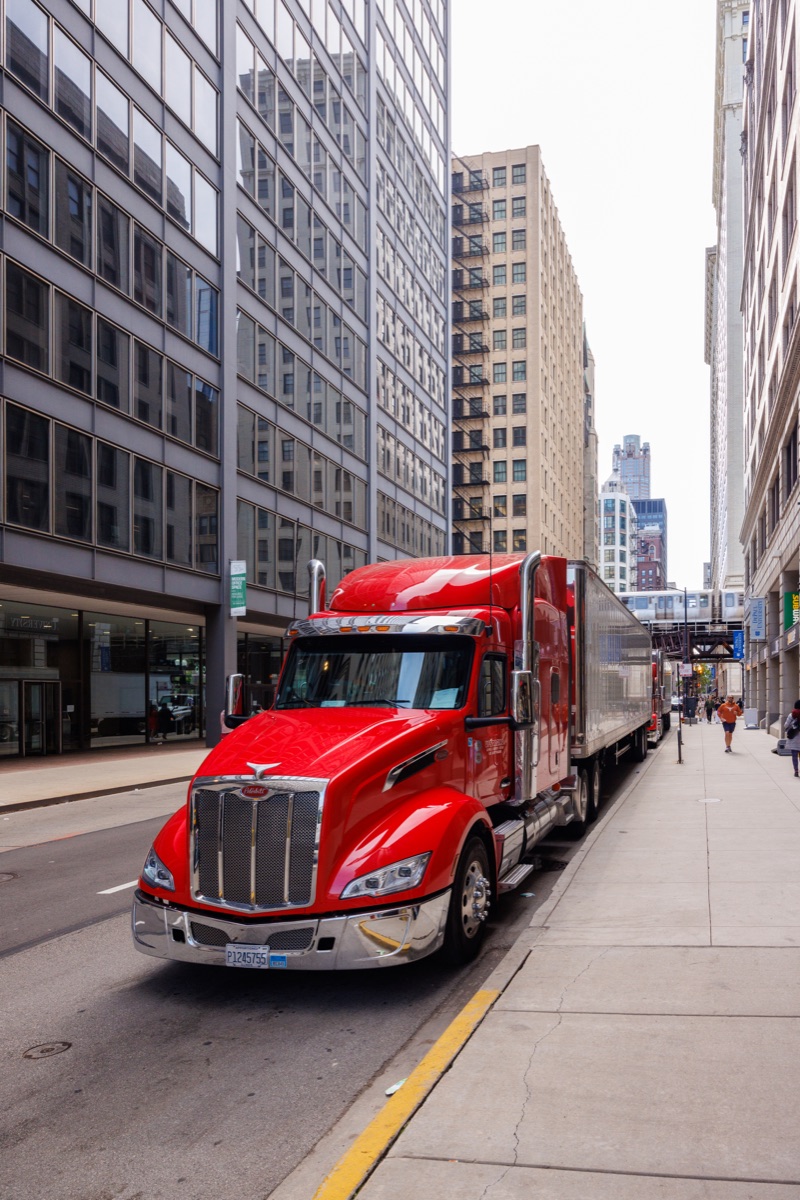 Red truck on a Chicago street