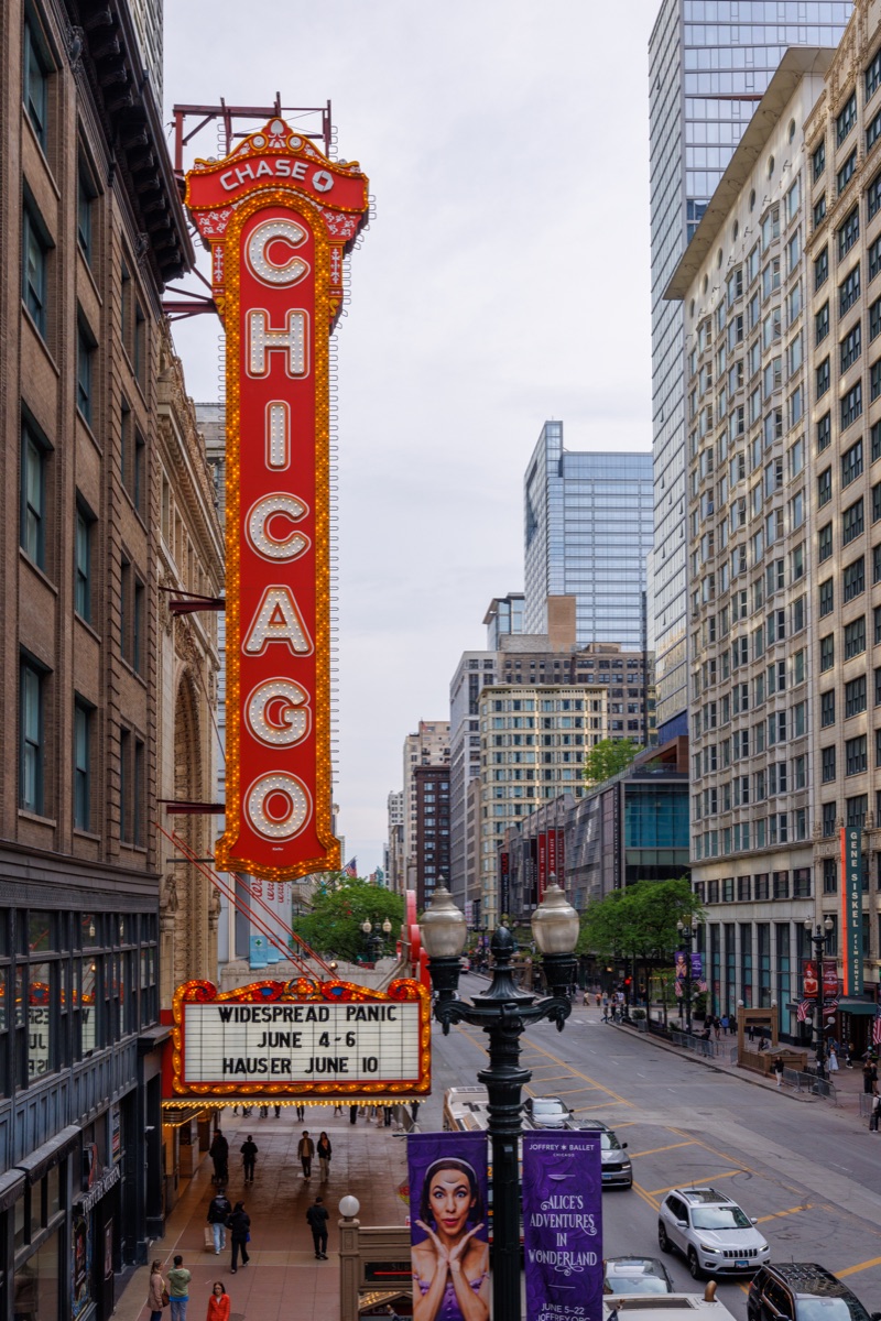 Chicago Theatre sign in daylight
