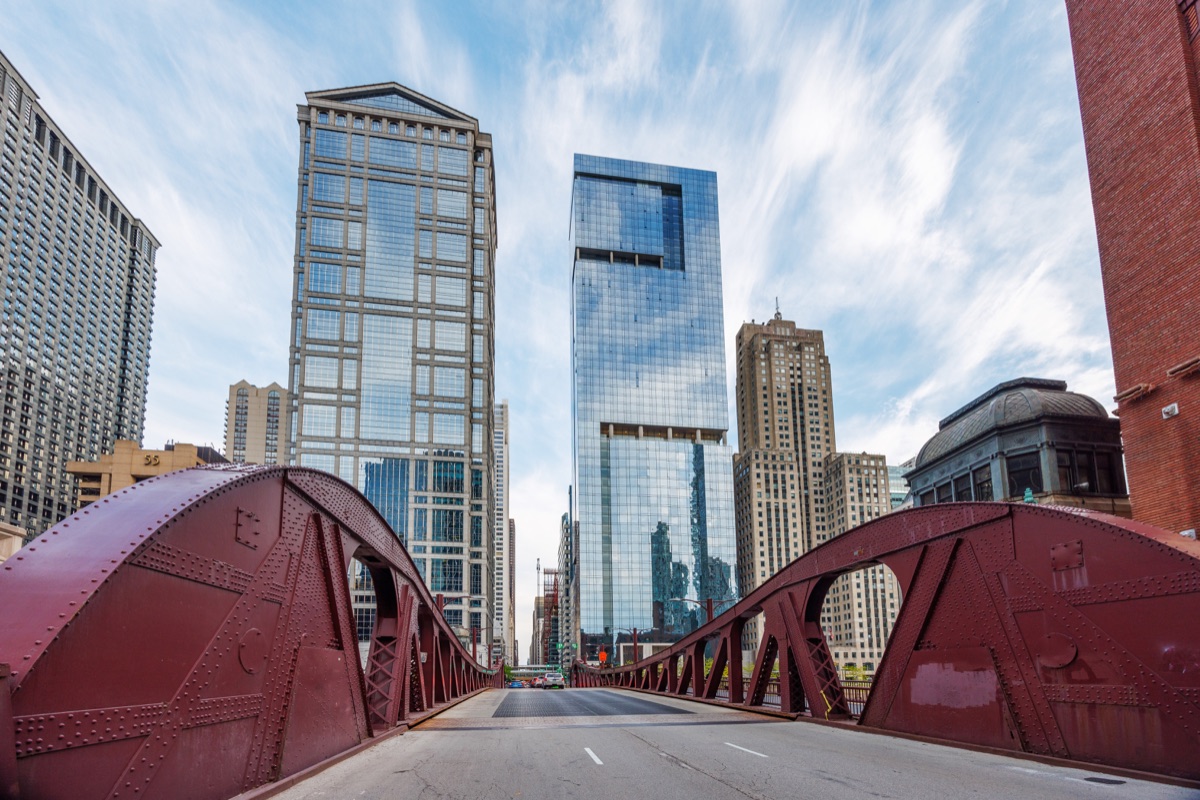 Red bridge and Chicago skyscrapers