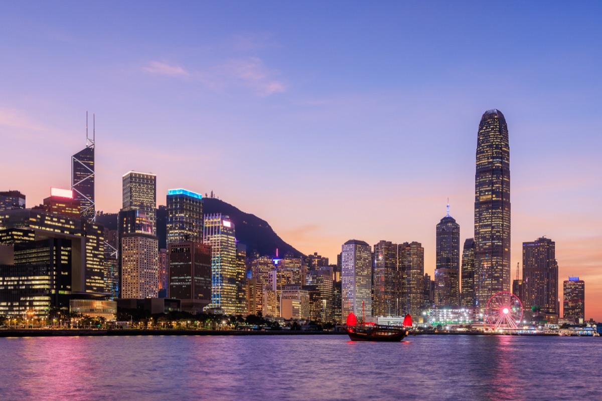 Hong Kong city skyline at sunset with glowing sky and skyscrapers, urban panorama