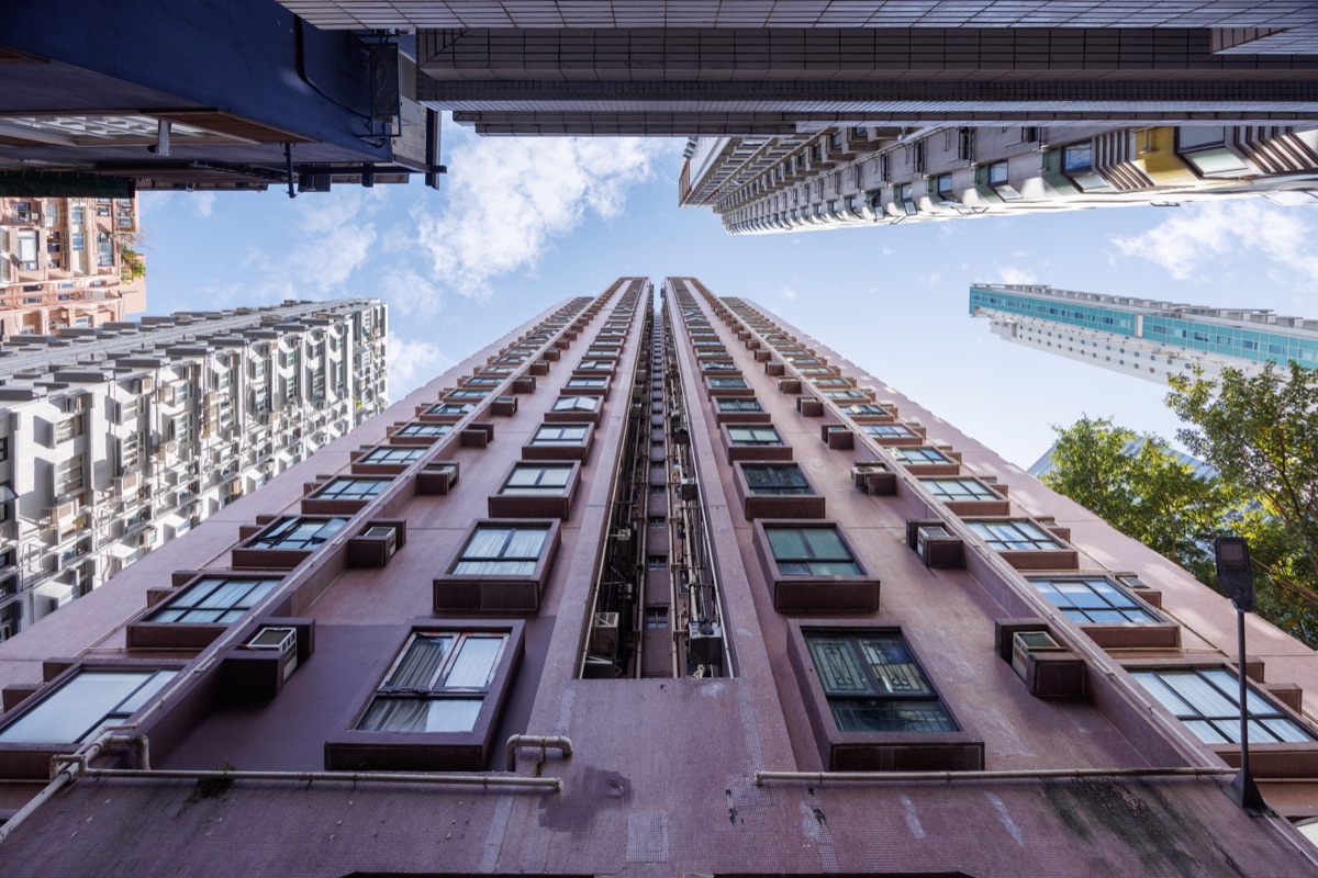 High-rise residential apartment buildings in Hong Kong, dense urban living and modern city architecture
