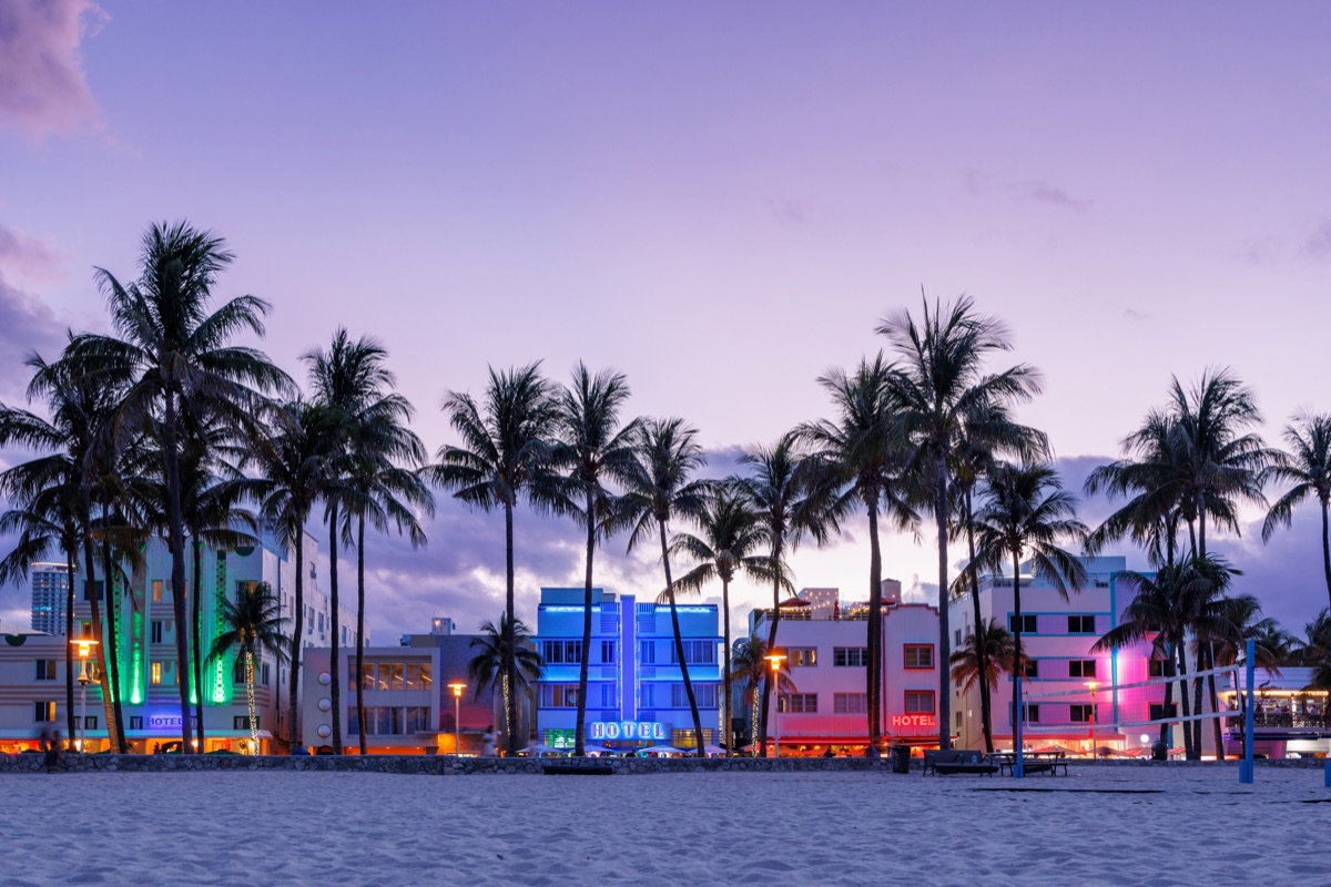 Miami Beach Art Deco district at twilight