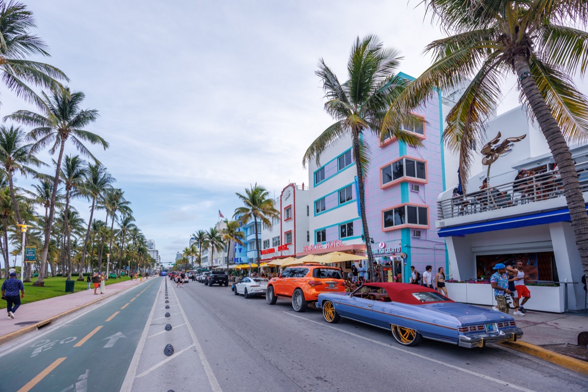 Pastel Art Deco hotel and classic car