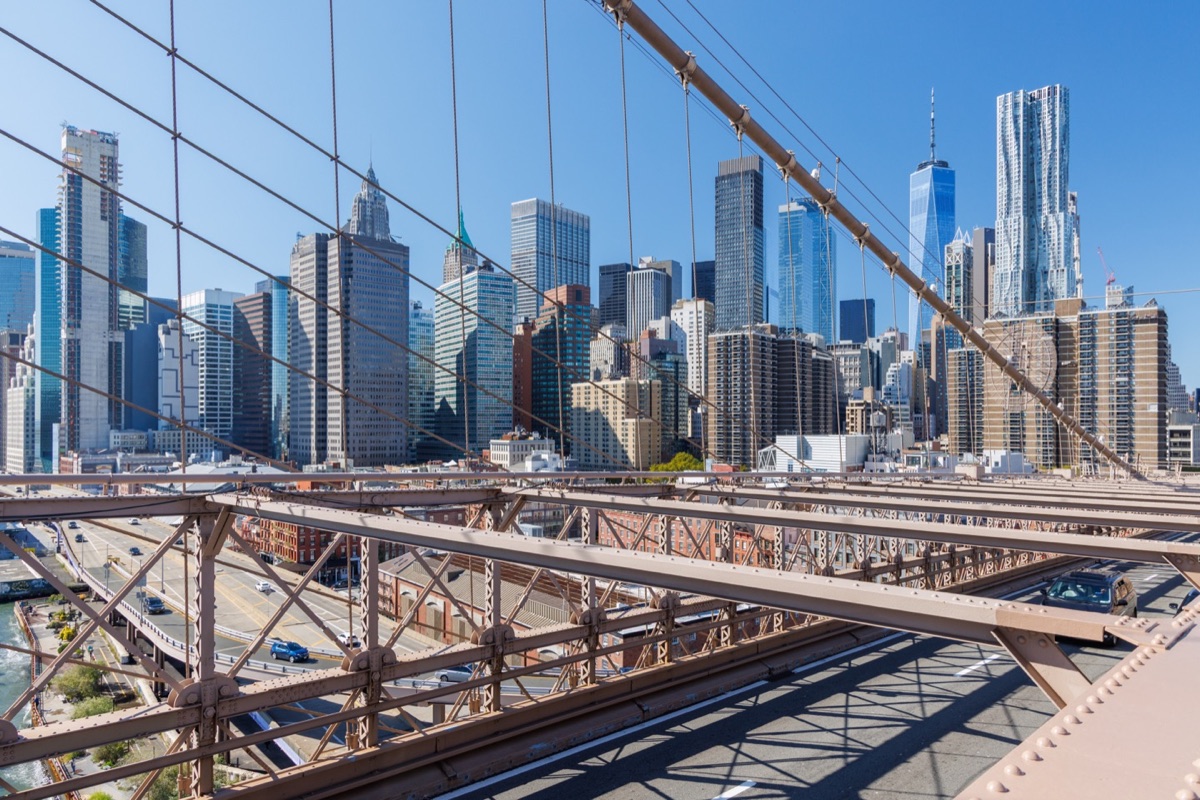Brooklyn Bridge cables and Manhattan skyline