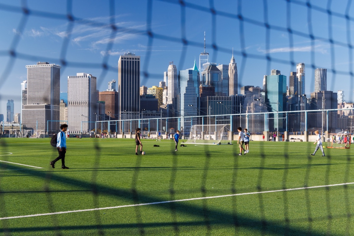 Soccer field with the Lower Manhattan skyline
