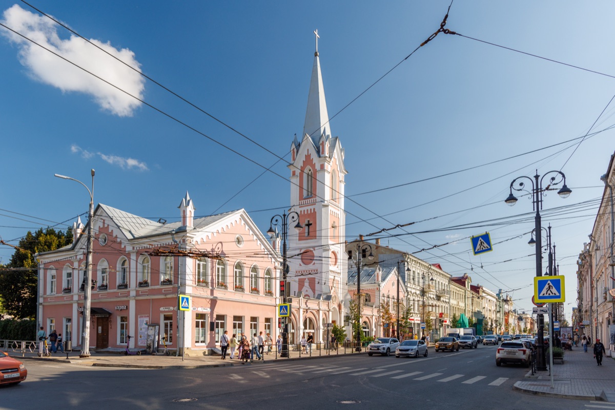 Kuibyshev Street and Protestant St. George Church in Samara, Russia, with historic architecture