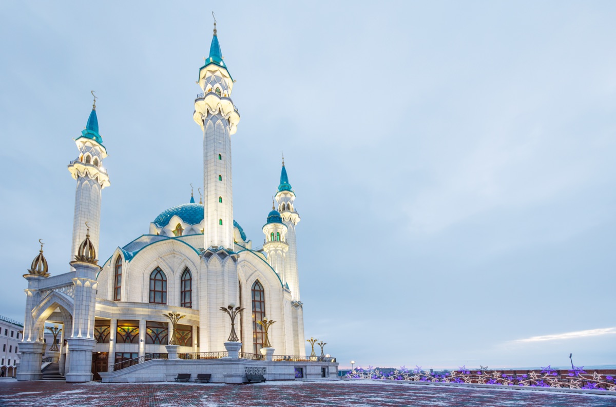 Kul Sharif Mosque in Kazan, Russia, on a frosty winter day with snow during sunset