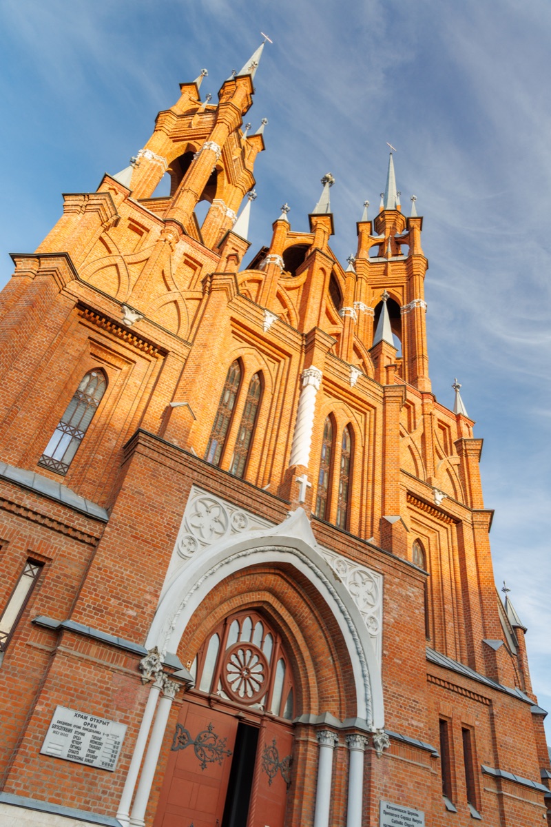 Historic gothic church in central Samara at sunset