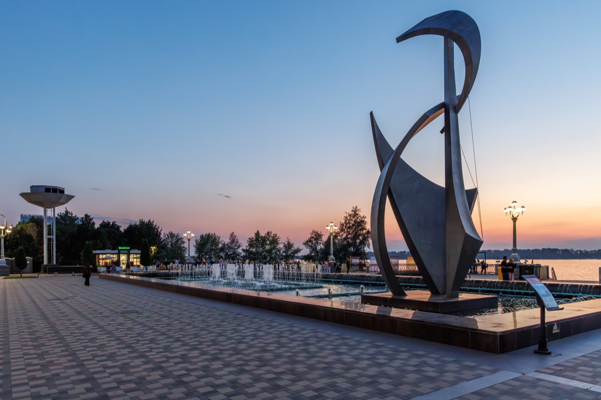 Sail sculpture on the Volga River embankment at sunset, a landmark and popular recreational area on the waterfront of Samara