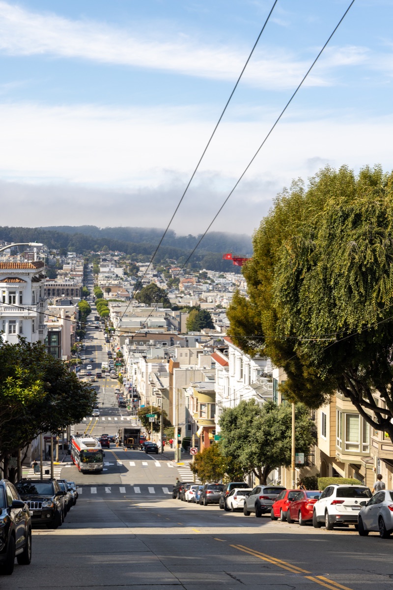 Streets of San Francisco with urban traffic, architecture and everyday city life in one of the most famous cities in California